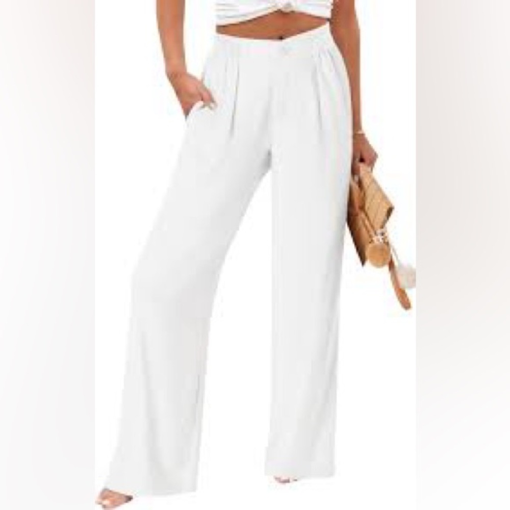 White Women's Wide-Leg Linen Pants